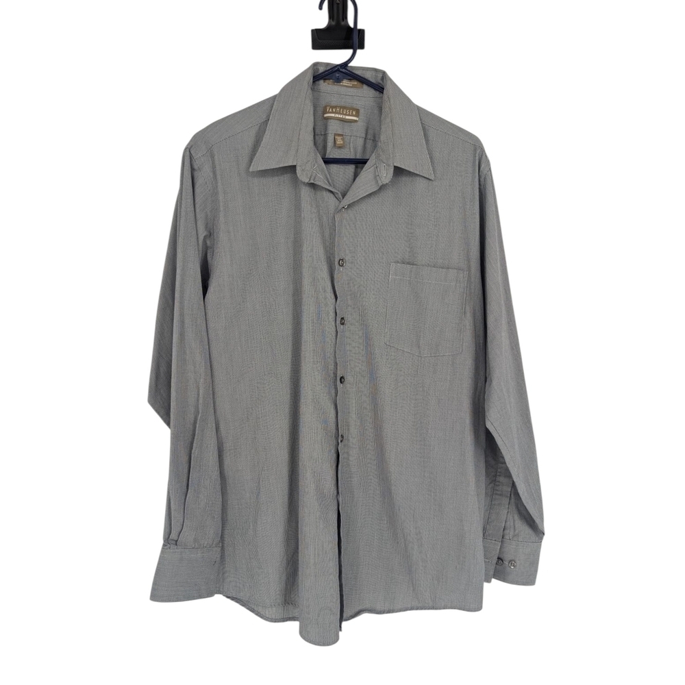 Men's Van Heusen Plaid Button Down Dress Shirt Gray Size 16.5 classic preppy